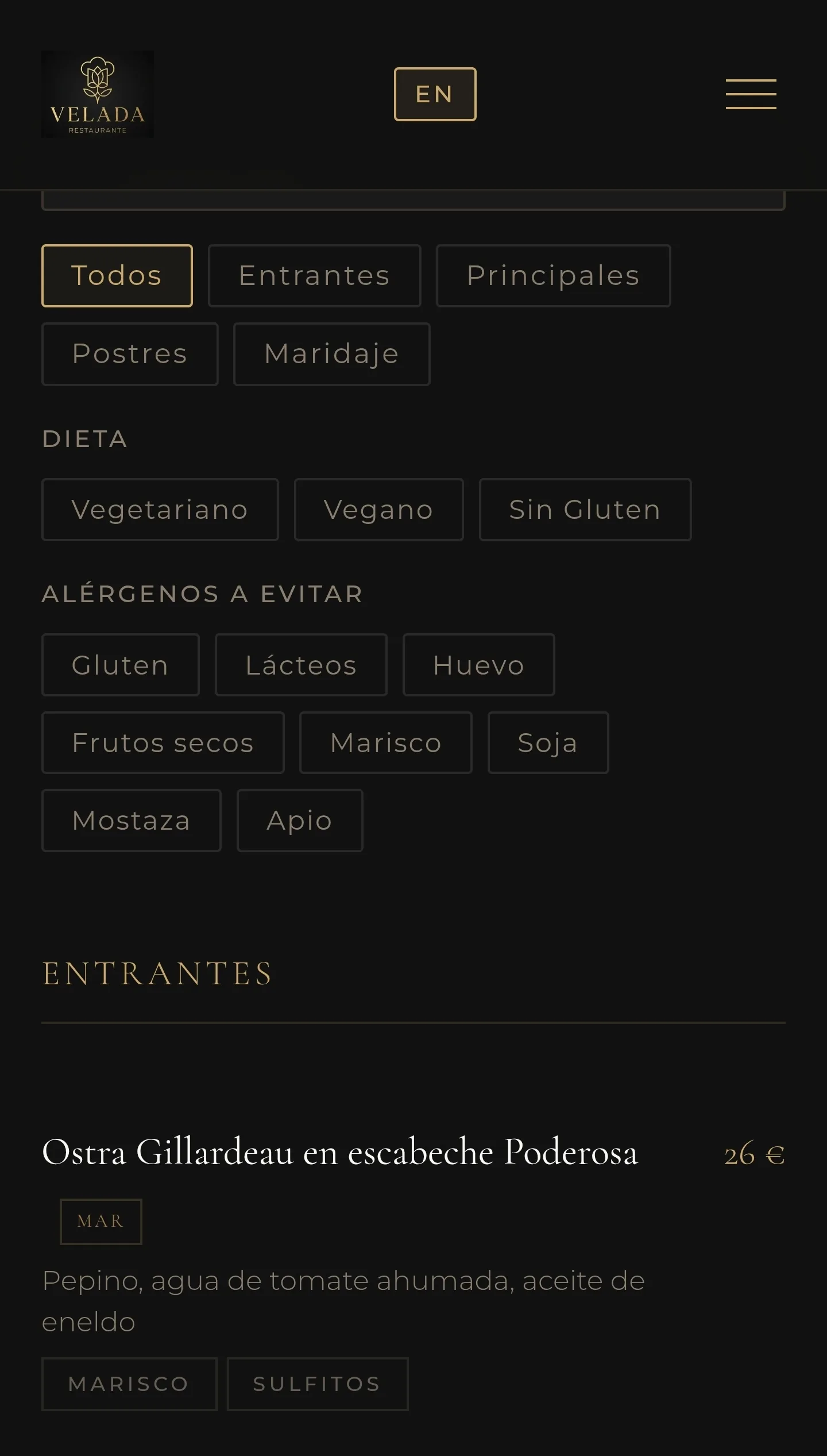 Filtro dieta y alérgenos